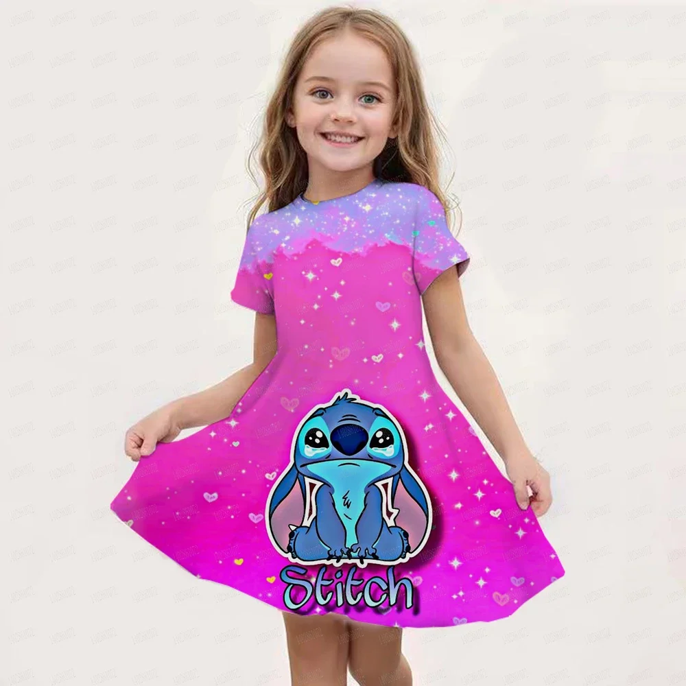 

Летнее платье Disney Stitch And Angel для девочек, женский костюм с короткими рукавами, праздничные платья принцессы, детская юбка, одежда для малышей