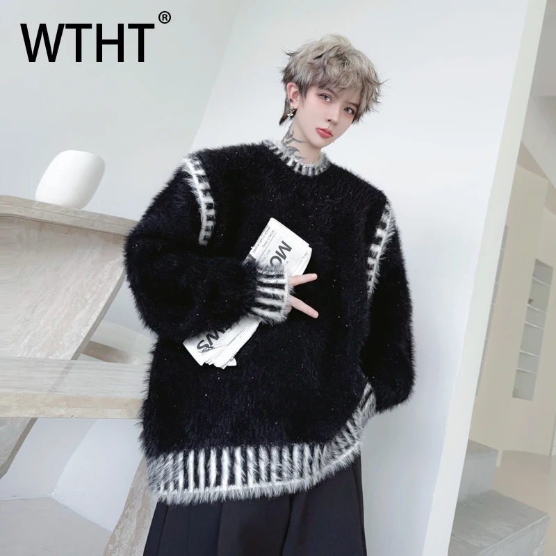 WTHT Kaus Kasual Warna Kontras Bergaris Pria Fashion Trendi 2025 Atasan Kerah Bulat Lengan Panjang Musim Gugur Pria 2A2071