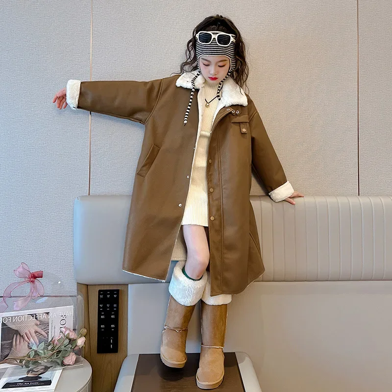 

Girls' mid length leather jacket 2023 autumn/winter new plush and thick leather jacket Korean version coat