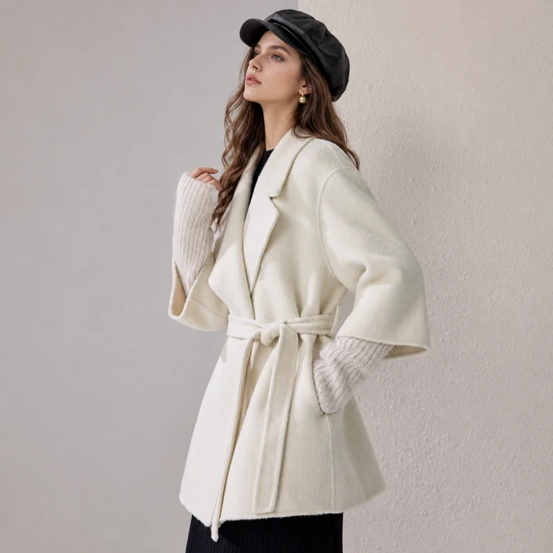 Women's Notched Lapel Belted Mid Length Coat, 3/4 Wide Sleeve Loose Fit Winter Wrap Overcoat