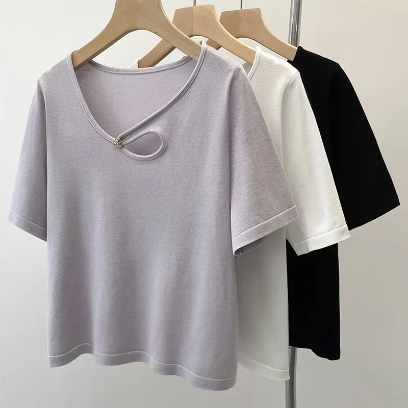 

Summer Women's Sweater Tees Stylish Vintage Spliced Elegant Tops Pullovers Short Sleeve V-neck Fashion Chic Ladies Knitwear 2024