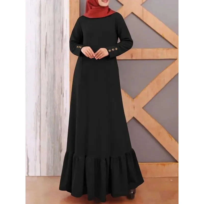 H721Spring New Muslim Fashion Women Long Sleeve Solid Color Sundress round Neck Dress Holiday Casual Robe