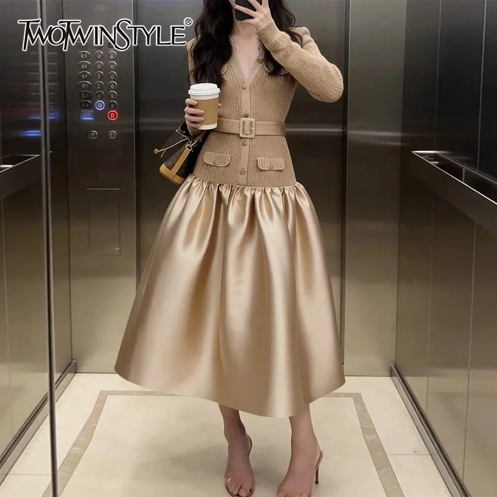 

TWOTWINSTYLE Gold Spliced Sashes Chic Dress Female O Neck Long Sleeve Loose Gentle Elegant Women's Dresses Autumn Fashion New