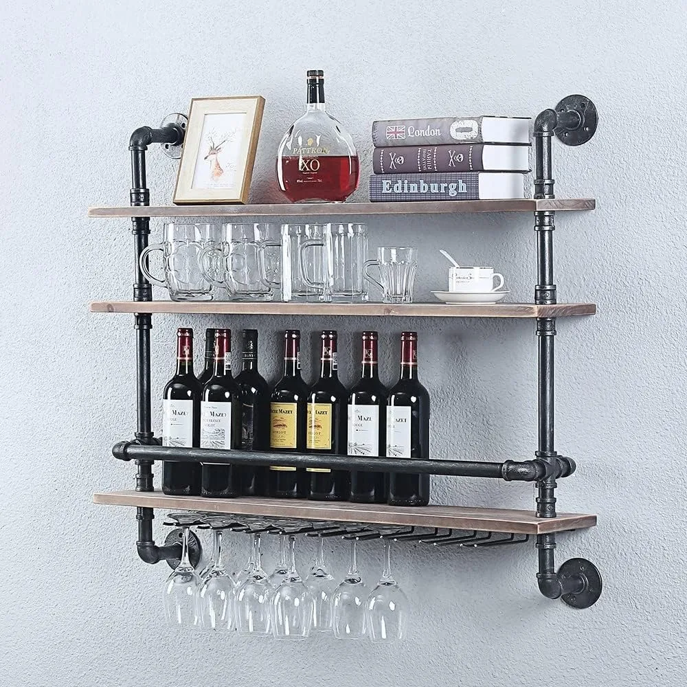 

Industrial Pipe Shelf Wine Rack Wall Mounted with 9 Stem Glass Holder,36in Wood Shelves Wall Shelf,Floating Bar Shelves Wine She