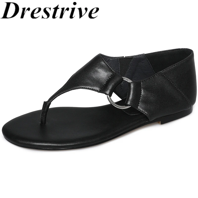 Drestrive 2026 Handmade Fashion Women's Sandals Split Leather Flat With Heels Buckle Summer Shoes Flip Flops Round Toe
