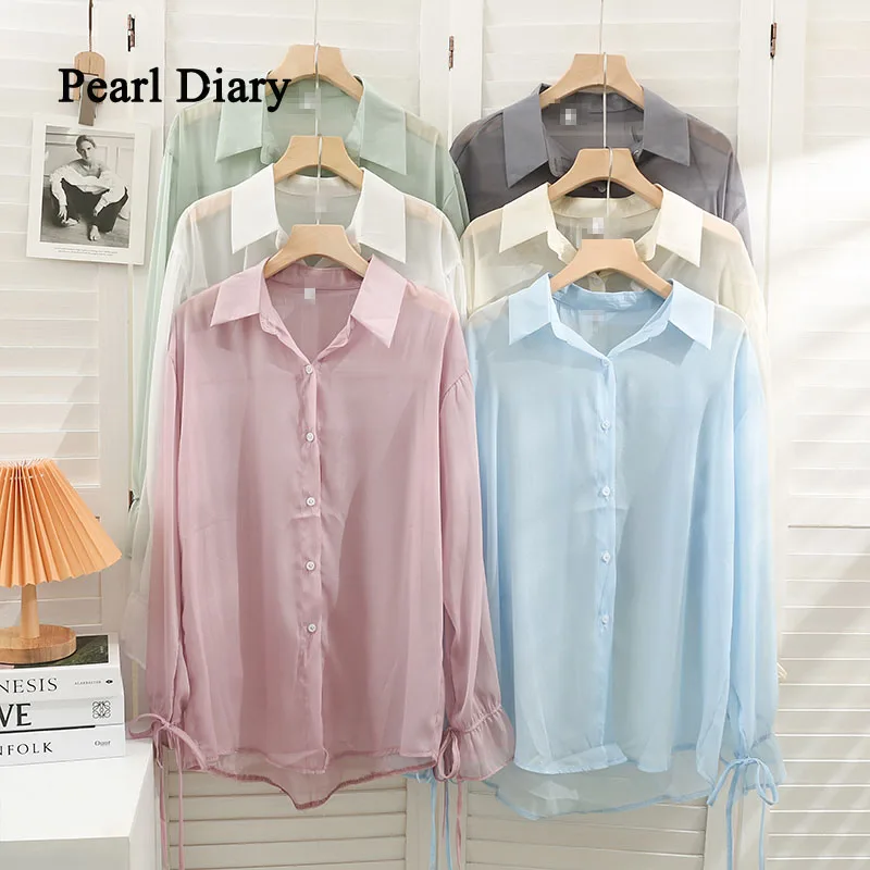 

Pearl Diary Women Sheer Chiffon Shirts Summer Solid Color Casual Loose Beach Cover Up Shirts Buttons Front Chic Long Sleeve Top