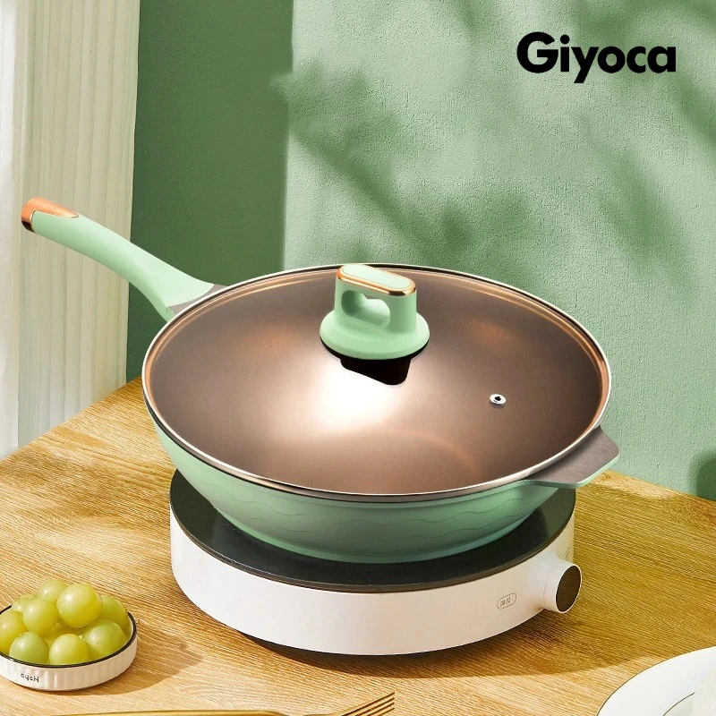 

Giyoca 32 см антипригарная алюминиевая сковорода вок со стеклянной крышкой, домашняя сковорода с композитным дном, кухонная кастрюля, универсальная плита