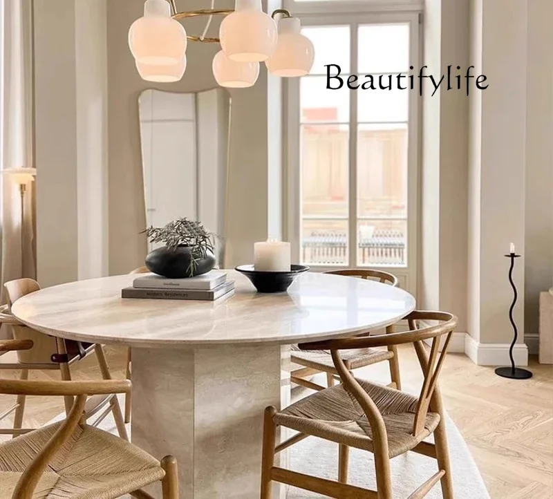 

M Natural Travertine Dining Table Round Living Room Middle Ancient Wabi Wind Dining Table Cream Marble Restaurant