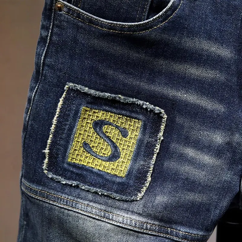 Street Designer Fashion Men Jeans Retro Blue Stretch Slim Fit Embroidery Patched Ripped Jeans Men Y2K Hip Hop Denim Pants Hombre