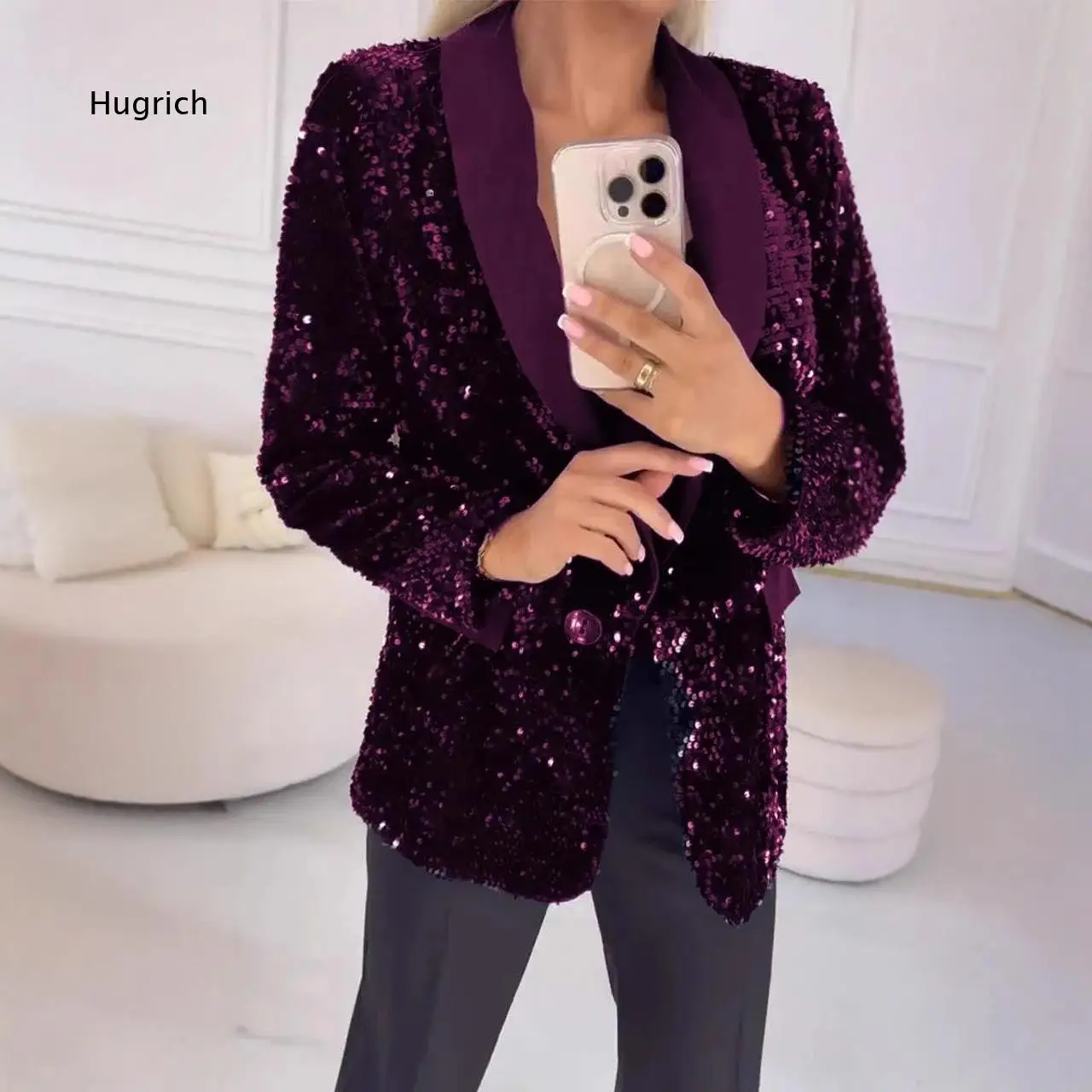 Women's Sequin Blazer Jacket Lapel Collar Long Sleeve Sparkly Party Coat Fashion Formal Outerwear For Evening Club Holiday