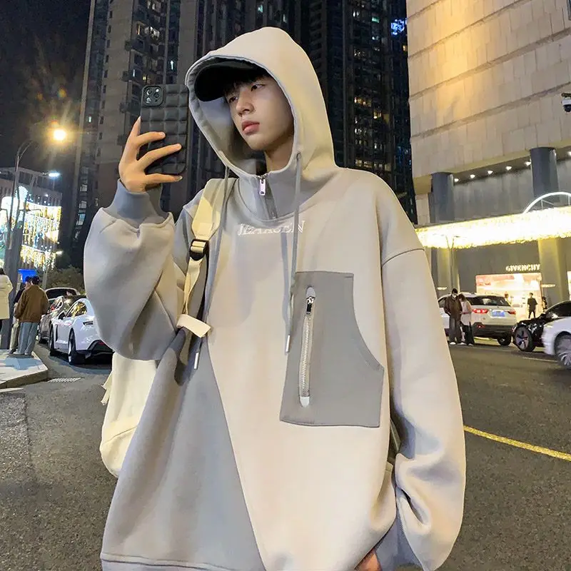 New retro half-zip sweatshirt men's trendy brand heavy spring and autumn design splicing large size jacket hoodies for men zero