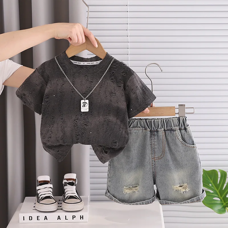 Infant Clothes Hot Sale Toddler Boys 2pcs Set Distressed Tie Dye T-shirt with Necklace + Denim Shorts Kids Streetwear Outfits