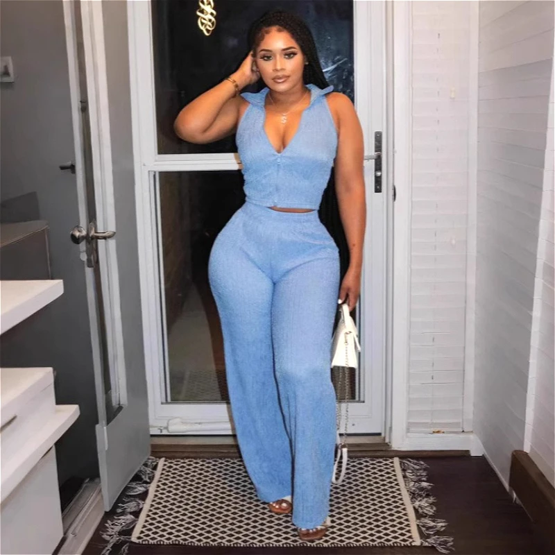 

Women Two Pieces Pant Sets Solid Matching Sets Zipper Turn Down Collar Top Elastic Waist Full Length Pants Casual 2026 Summer