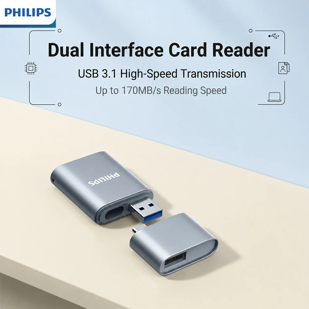 Philips USB Type C Dual Port Card Reader USB3.1 Fast Reading Portable Metal OTG Memory Card Reader For Mobile Phone Computer