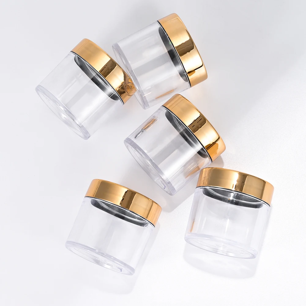 2OZ Plastic Storage Bottles With Gold Lids For Nail Powders, Eye & Facial Creams, PET Transparent Test Bottles For Cosmetics 10*