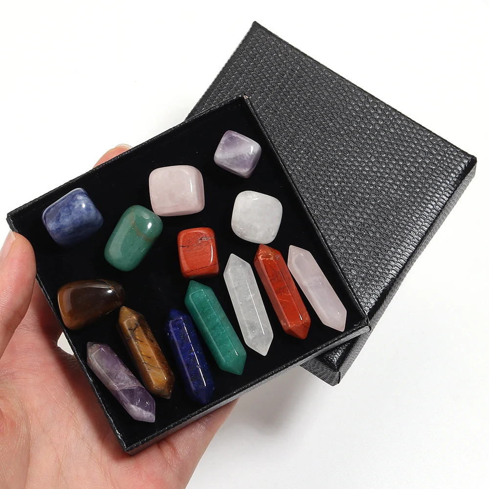 

14pcs Pointed Quartz Crystal Chakra Healing Stones And Crystals Set Hexagon Rose Quartz Gems Gift Box For Meditation Home Decor
