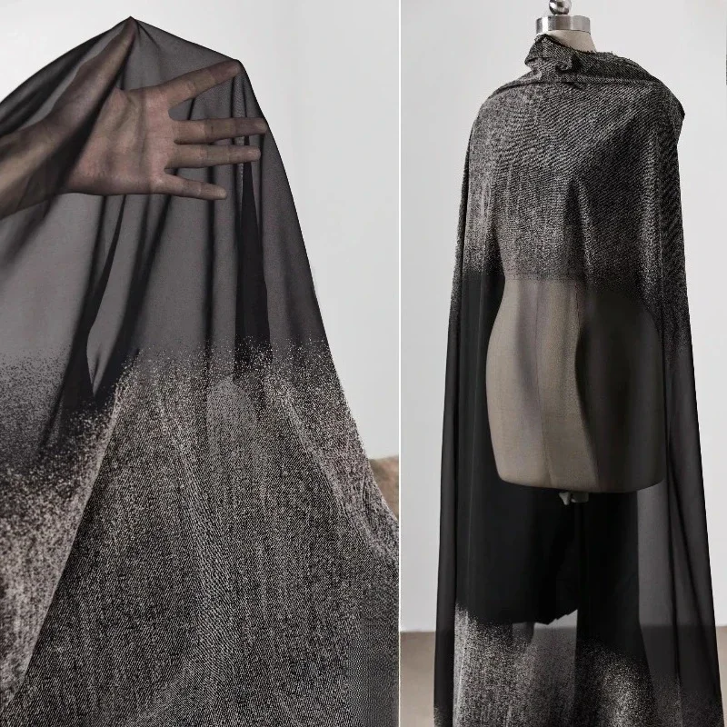 Black Gray Gradient Denim Mesh Fabric for Lightweight Imitation Silk Dress Gift Clothing Designer Cloth Per Meter Diy Sewing