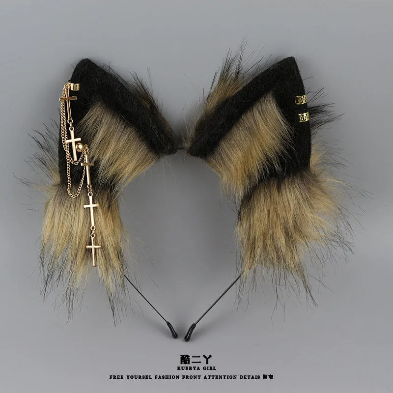 Handcrafted Plush Realistic Wolf Ear Adjustable Headband with Detachable Cat Ears for Cosplay Subculture Anime Convention Gift