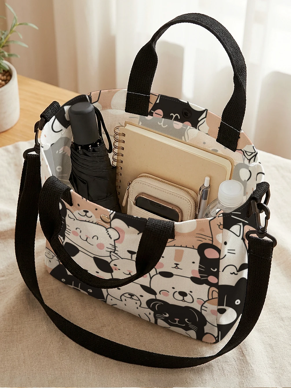 Cute Cartoon Animal Print Canvas Tote Bag Detachable Strap Crossbody Handbag For Women Daily Shopping