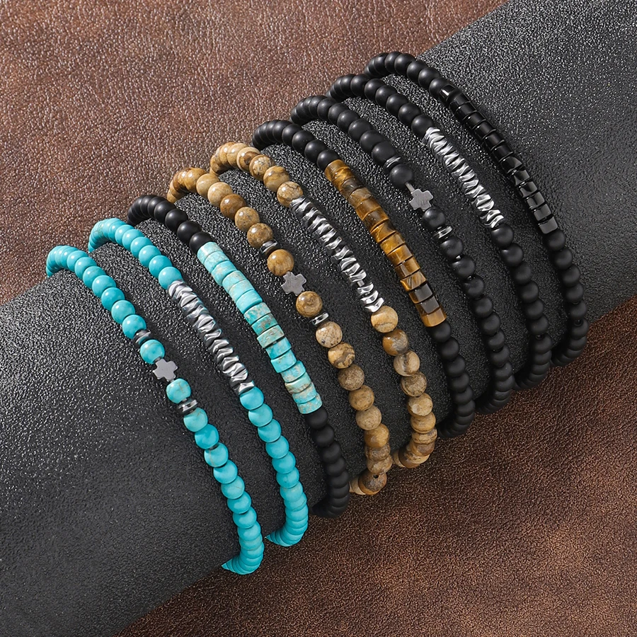 3Pcs/set New Turquoise Beaded Bracelet Men Natural Stone Beaded Bracelets Vintage Male Jewelry Gift