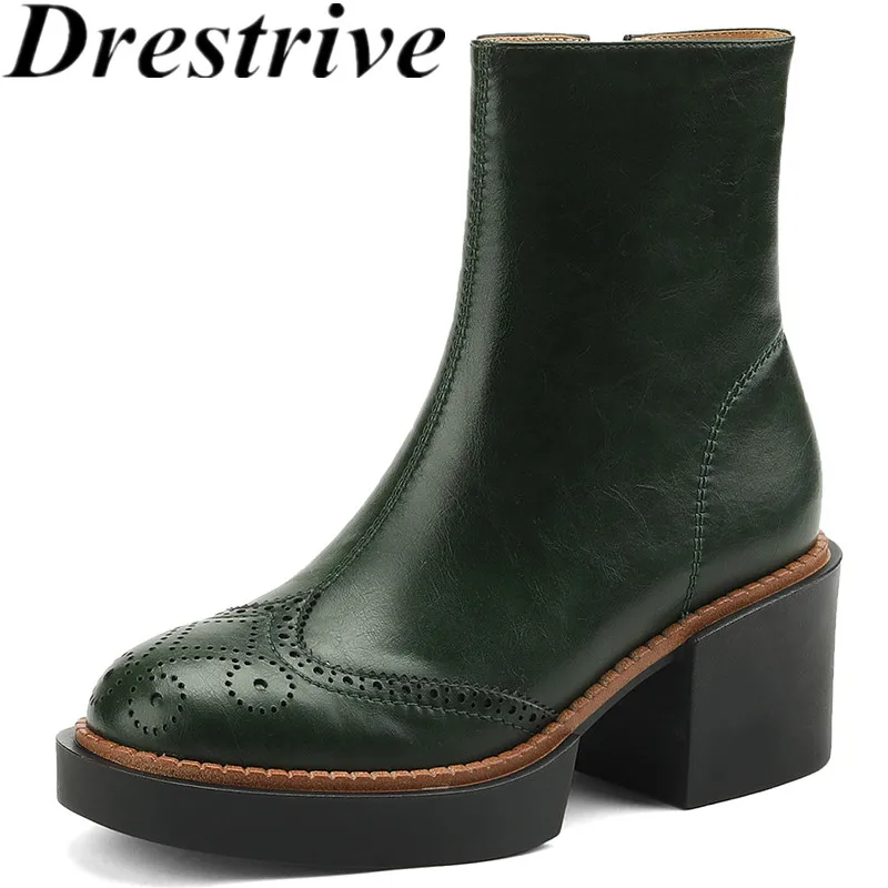 

Drestrive Women Ankle Boots 2022 Waxing Cow Leather Zipper Top Quality Handmade Thick High Heel Size 43 Winter Shoes Platform