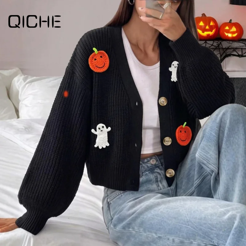 QICHE 2026 Autumn Winter Women Halloween Crochet Pumpkin Decor Cropped Knit Cardigan Casual Sweater Coat