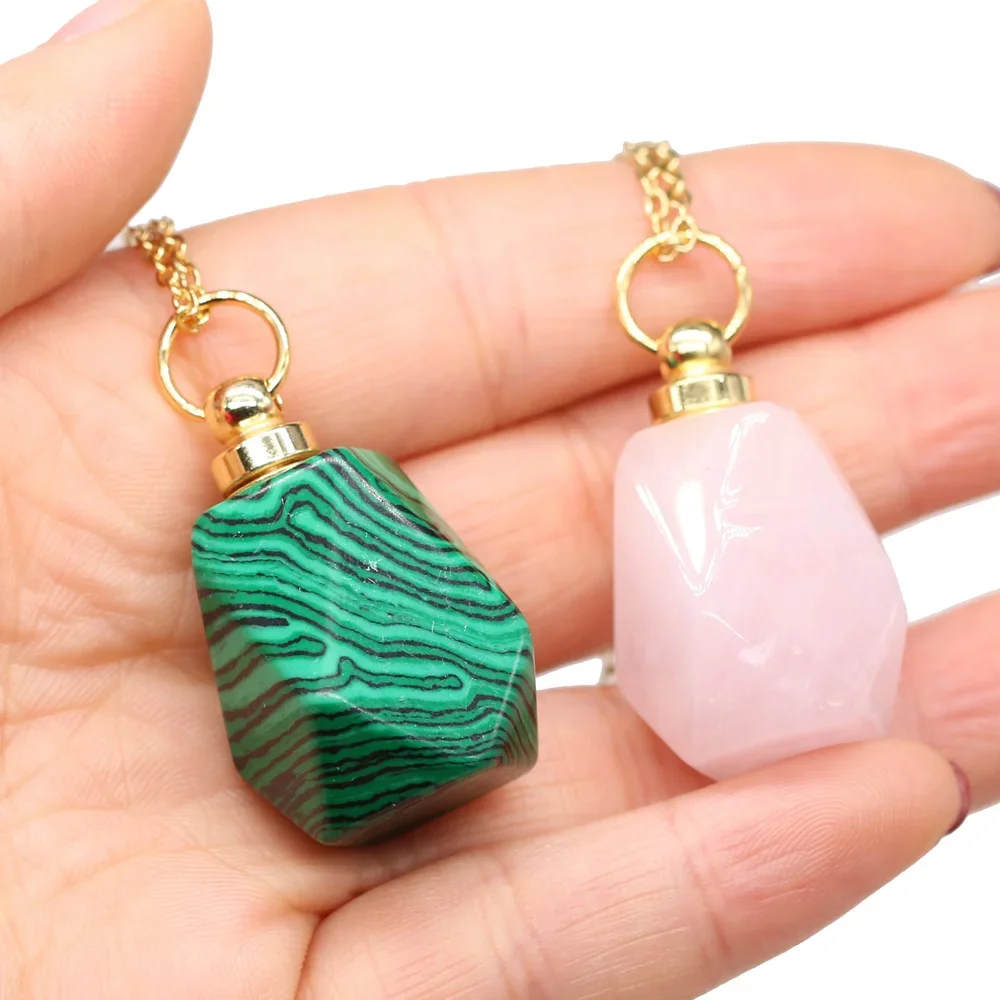 Natural Semi precious Stone Turquoise Agate Crystal Polygon Perfume Bottle Necklace Essential Oil Diffuser Jewelry Gift 25X37MM