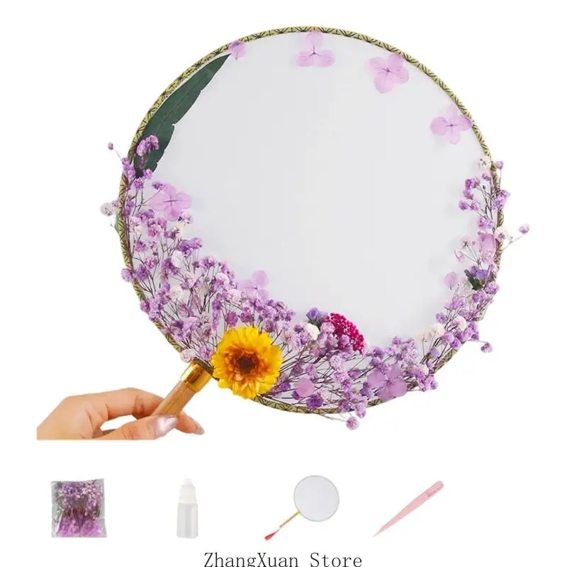 Chinesisches Blumen-Handfächer-Set mit Holzgriff für Regalpräsentation, Raumakzent, beruhigendes Gestalten, Geschenkgebrauch und – Detail 2