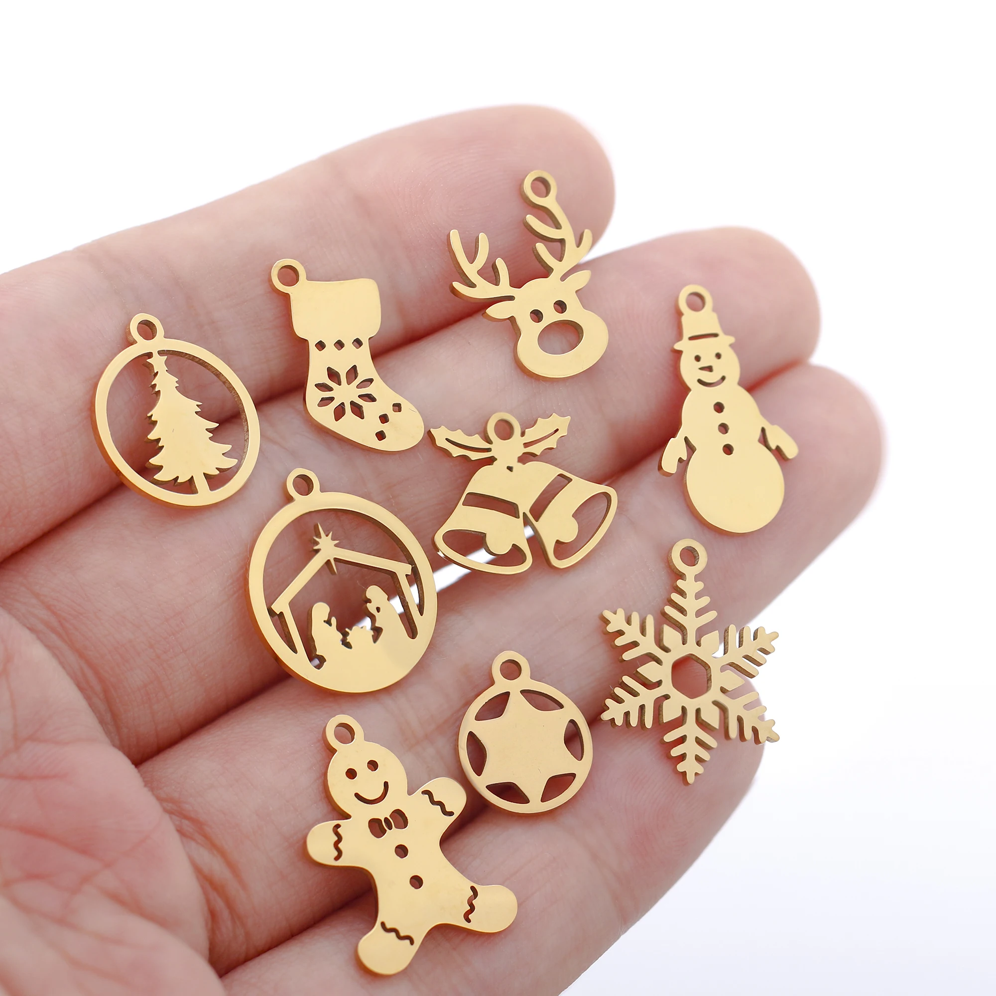 5Pcs Stainless Steel Christmas Boot＆Gingerbread Man＆Snowman＆Bell Charms Pendant For Diy New Year Gifts Jewelry Making Supplies