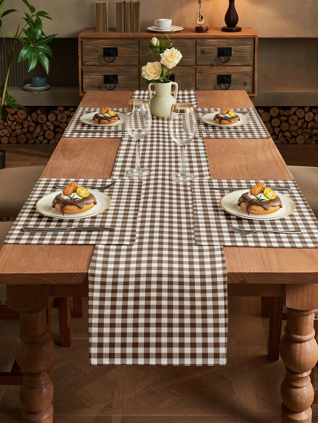 

Farmhouse Brown Gingham Table Runner Classic Checkered Pattern for Dining Table Decor Daily Meal Gathering Elegant Vibe Creator