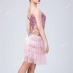 Abito da ballo latino con nappe di paillettes per adulti gonna da tango professionale da donna jazz salsa costume da ballo concorso abbigliamento da carnevale