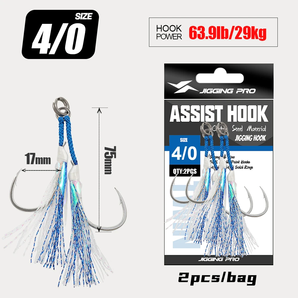 JIGGING PRO 1/0 2/0 3/0 4/0 Doppel-Assist-Haken für Jigging-Köder, Doppel-BKK-Haken, Metall-Jig, Meeresangelzubehör