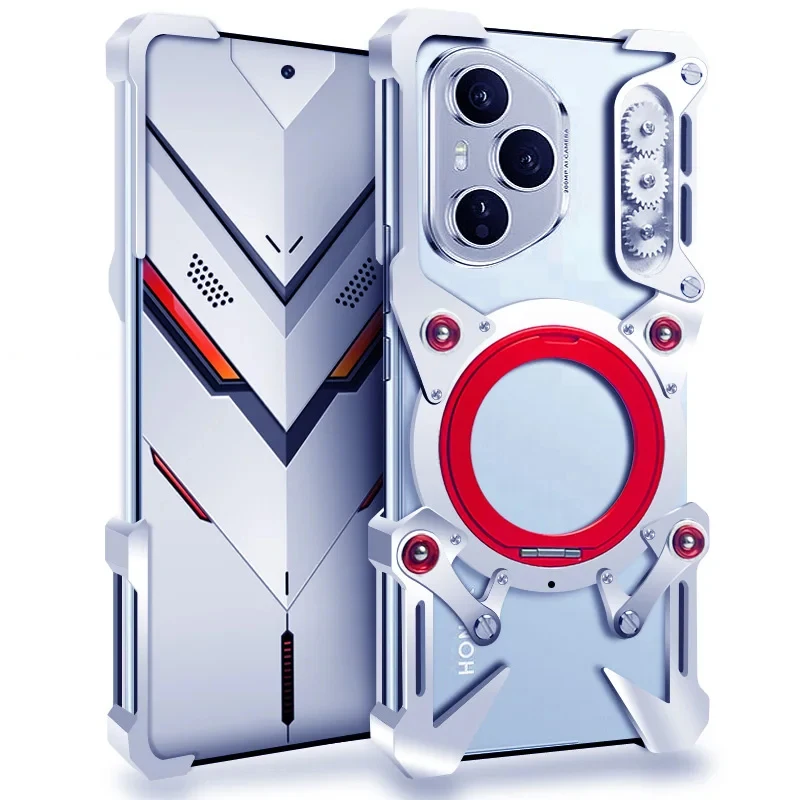 Magnetic Rimless 360° Shockproof Case, Metal Armor Bumper Cover with Rotating Stand for Honor 100 200 300 400 Lite 400 Pro