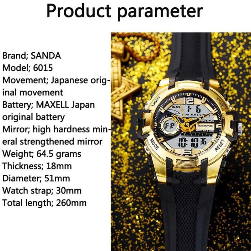 Sanda 6015 Fashion Alarm Mode Sports Hand Clock For Teenagers Multiple Functions Waterproof Luminous Analog Digital Wrist Watch