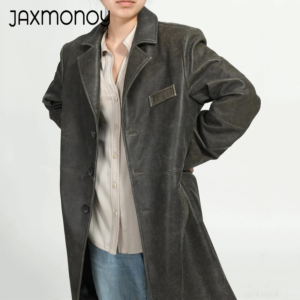 Jaxmonoy-casaco de pele de carneiro feminino, trench coats de couro verdadeiro para senhoras, jaqueta longa de couro genuíno, nova chegada, primavera e outono 2024