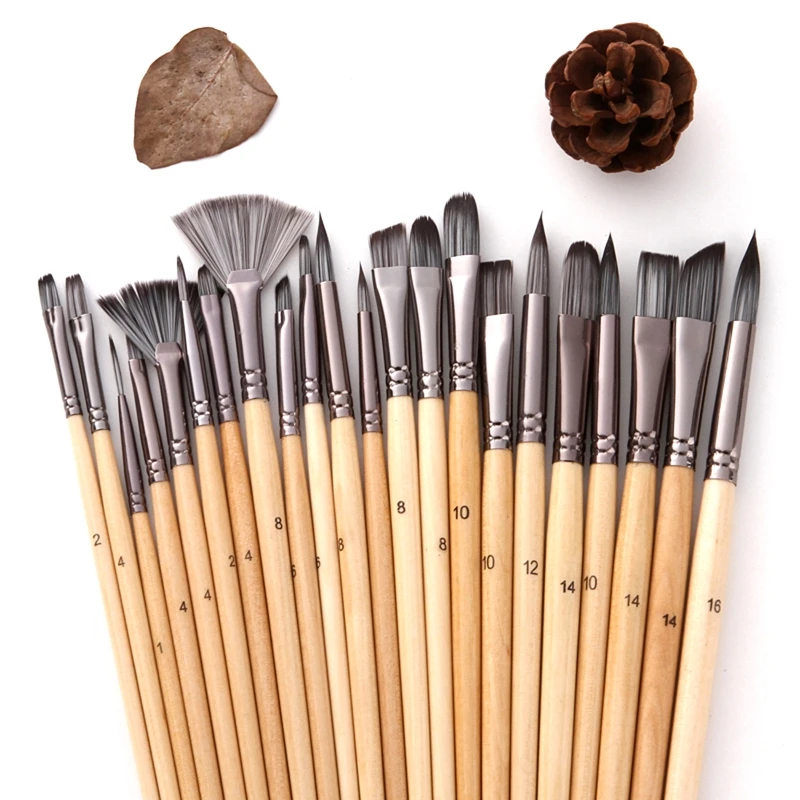 24x Paint Brushes Scraper with Bag Wood Handle Artist Paintbrushes for Acrylic Gouache Oil Watercolor Canvas Boards Rock