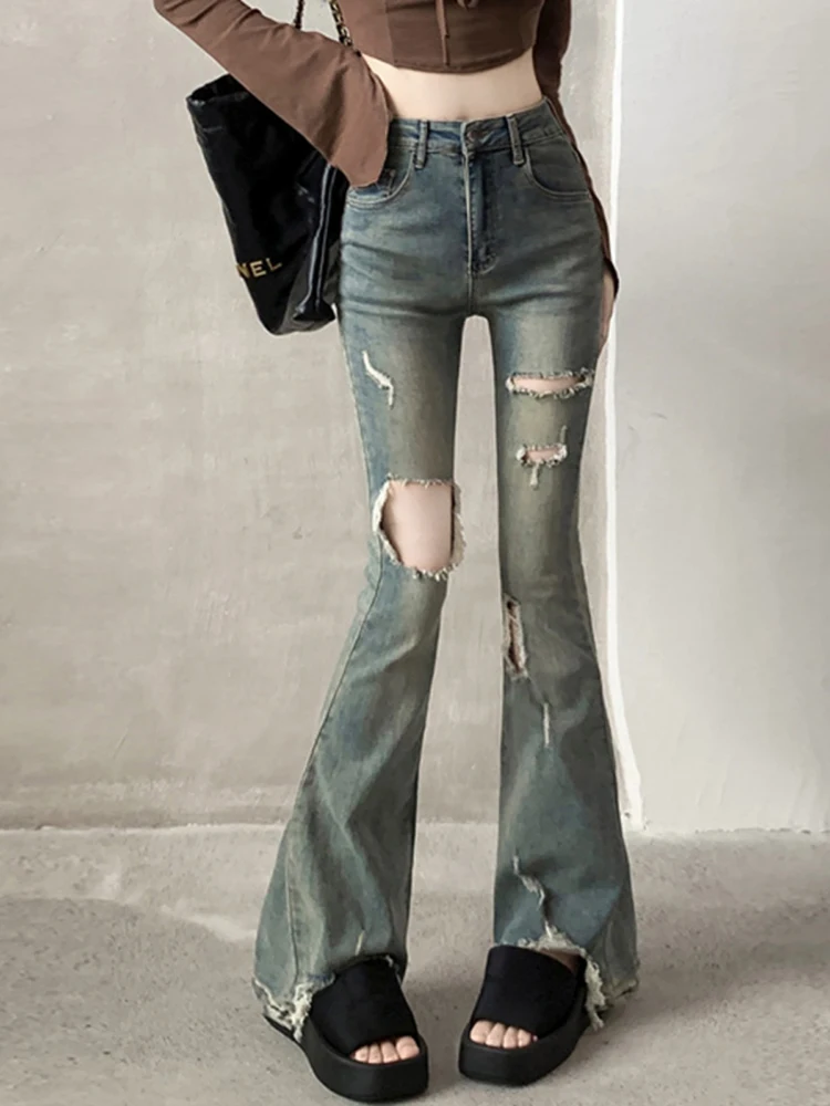 

Женские весенне-летние модные прямые джинсы с потертыми разрезами в американском стиле, тонкие сексуальные брюки с высокой талией и микро расклешенными брюками