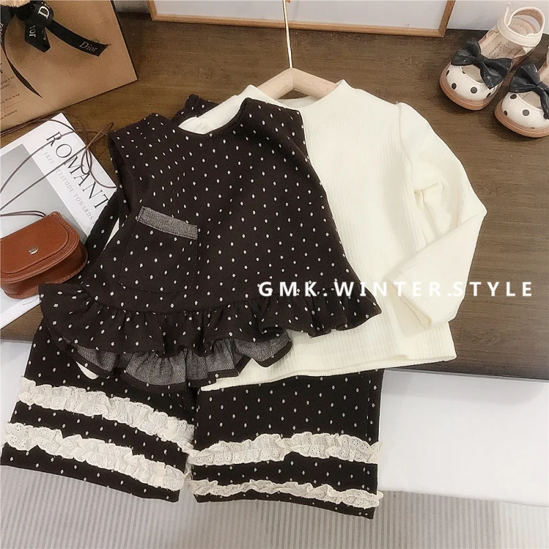 

Girls' Spring and Autumn Outfit New Children's Autumn Fashionable Vest Dress Baby Girl Autumn Polka Dot Skirt Three-Piece Set