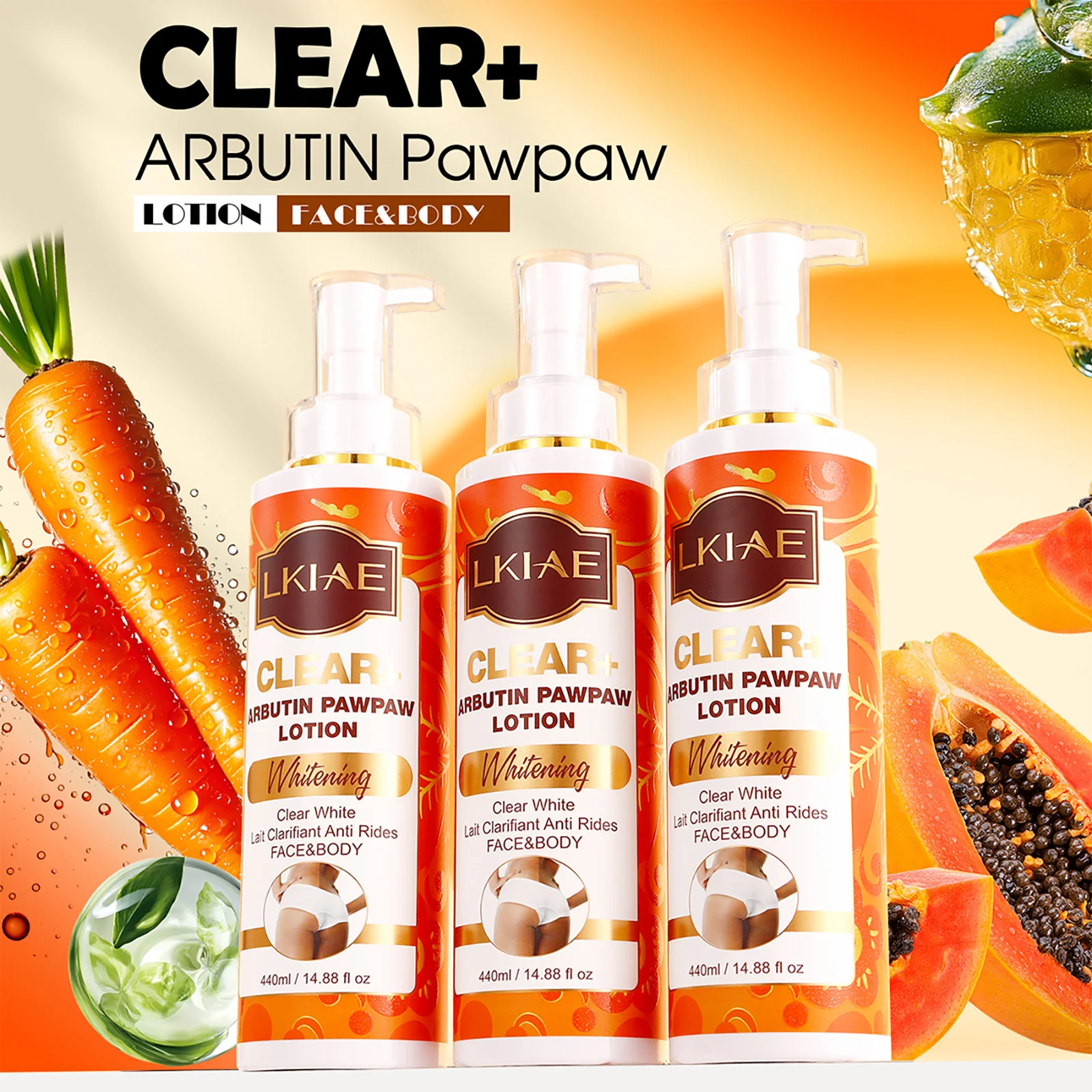 

LKIAE Clear Arbutin Pawpaw Отбеливающий лосьон для тела, увлажняющий крем, улучшает состояние огрубевшей кожи, удаляет темные пятна, уменьшает выработку меланина.