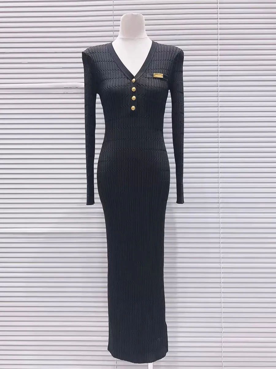 

High-End Parisian Luxury Knitted Wrap Bodycon Dress Gold Buckle Base Layer Outerwear Long V-Neck Sleeveless City Commute