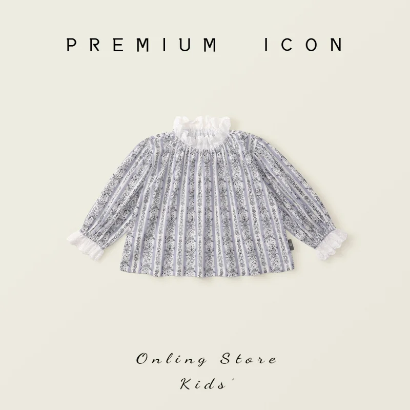 Girls retro style lace babydoll top2025Autumn New Long Sleeve Printed Shirt for Young and Small Children