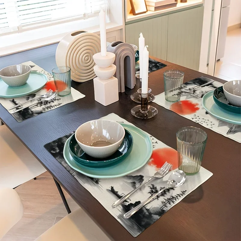 Chinese Landscape Painting Pavilion Placemats Farmhouse Dining Table Place Mats Spring Summer Country Rustic Kitchen Deco