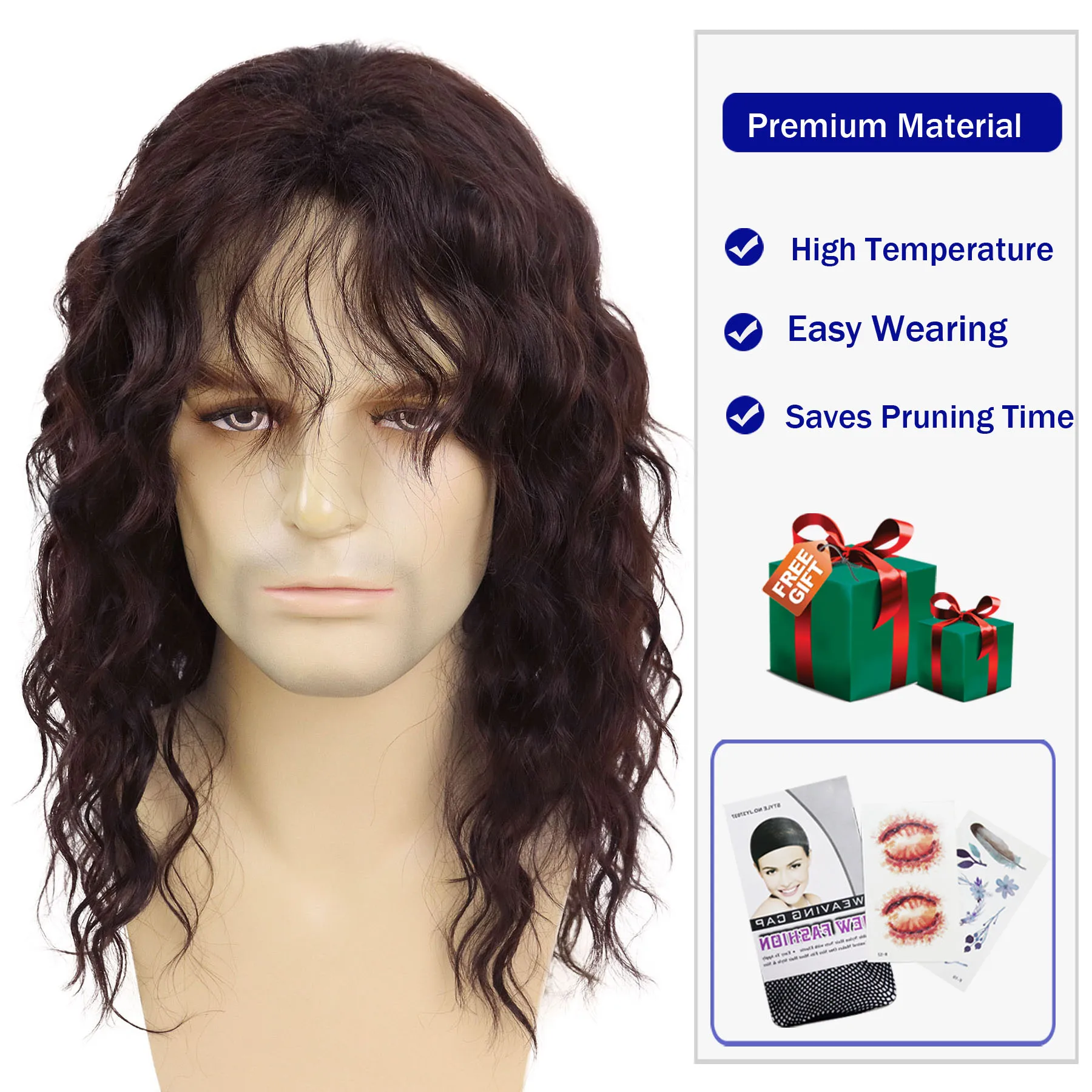 Men's Long Curly Wavy Synthetic Wigs Dark Brown Fluffy Heat Resistant Wig for Male 70s 80s Rock Cosplay Daily Party Easy to Wear
