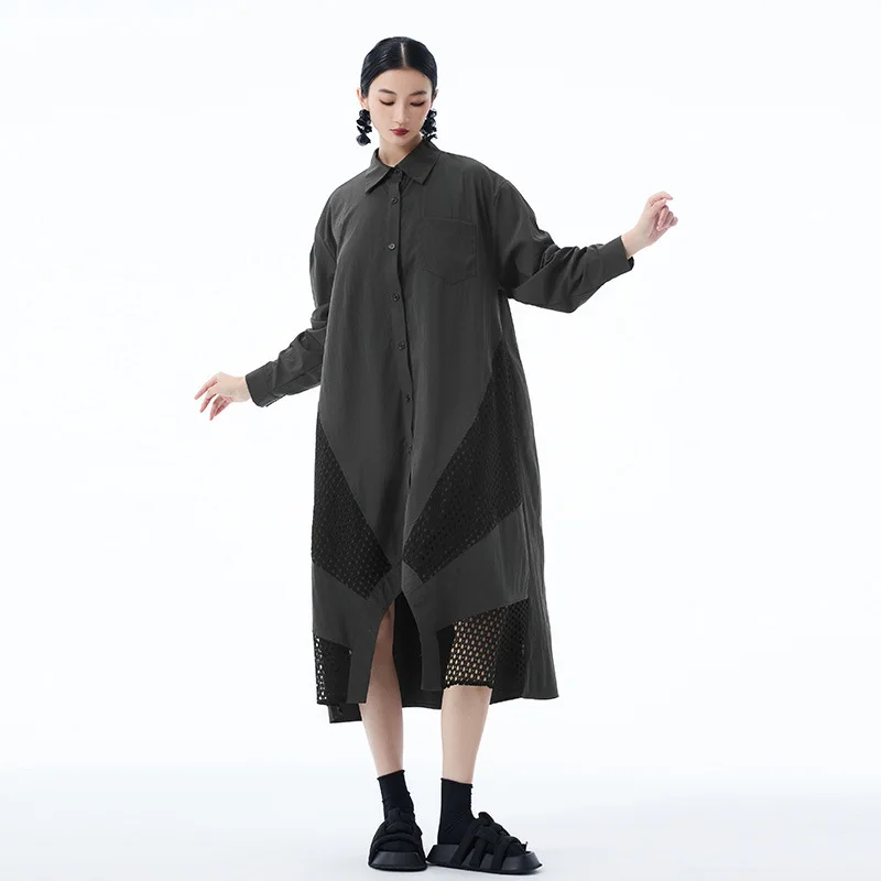 SuperAen – robe chemise à manches longues, Style japonais, Vintage, ajouré, Design épissé, nouvelle collection printemps et automne 2025, robes longues amples