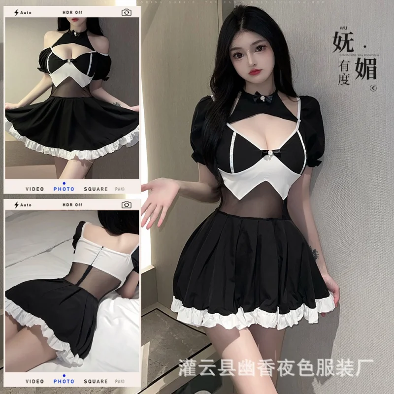 

Lin Linting See-through Pajamas Ladies New Spring and Summer One-Piece Nightdress V-neck Sexy Short Skirt Thin Homewear 2530