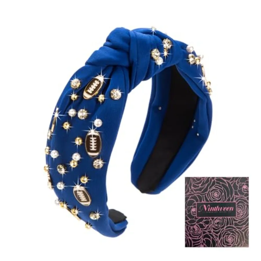 Women's Fashion Football Headband Black Red Orange Blue Pearl Rhinestone Jeweled Knotted for Girl's Fashion Cute Wide Headband