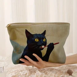 1pc,Black cat patterned corduroy makeup bag, lightweight zipper makeup storage box, multifunctional bag with lining