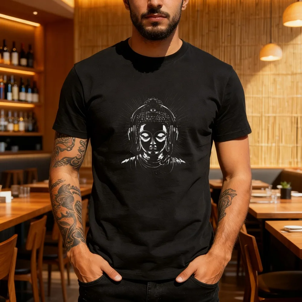 Cool Buddha with Headphones T-Shirt Zen Meets Modern Music Culture Fashion Shirt Summer Men Casual Crewneck Cotton Short Sleeve
