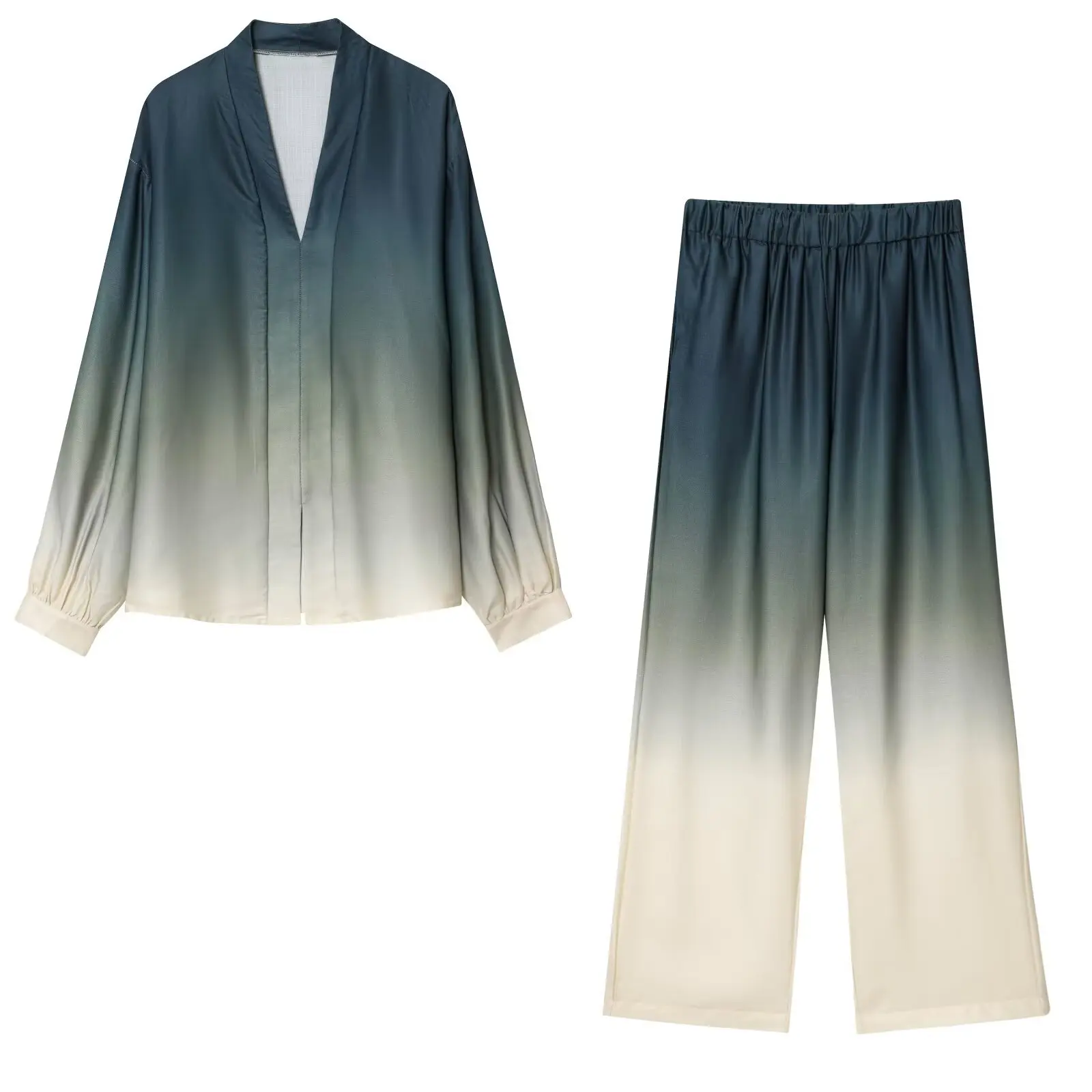 女性用バギーシャツとワイドレッグパンツセット,タイダイ,グラデーションプリント,ボタンブラウス,ロングパンツ,サテン,ヴィンテージ,シック,秋,新品