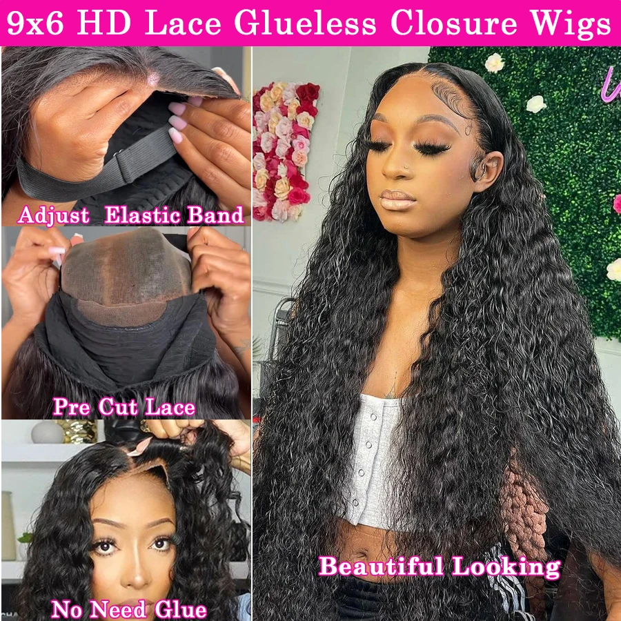 34in Glueless Wigs Pre Cut HD Lace Wig Water Wave Wigs 9x6 HD Lace Closure Wig Human Hair Wigs Melt Skins Ready & Go Curly Wigs